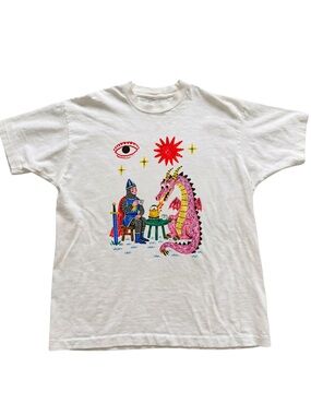 Gildan White Tee with Pink Dragon and Multicolor Knight Print